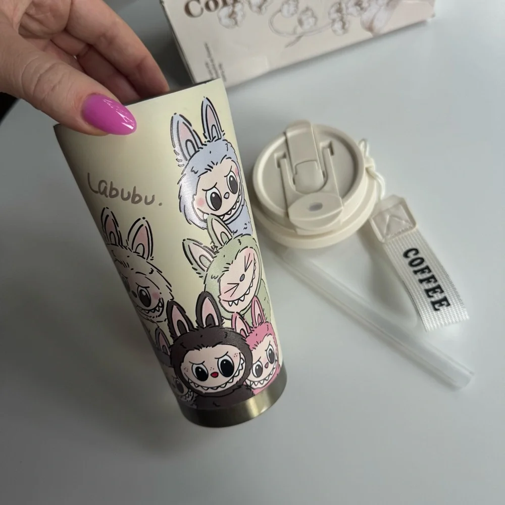 Coffee Travel Mug Cup- Cream Labubu Macaron print with charm - Picture 7 of 9